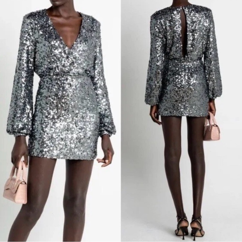 O.P.T. Rumi Gunmetal Sequin V-Neck Long Bishop Sleeve Cocktail Mini Dress Size S